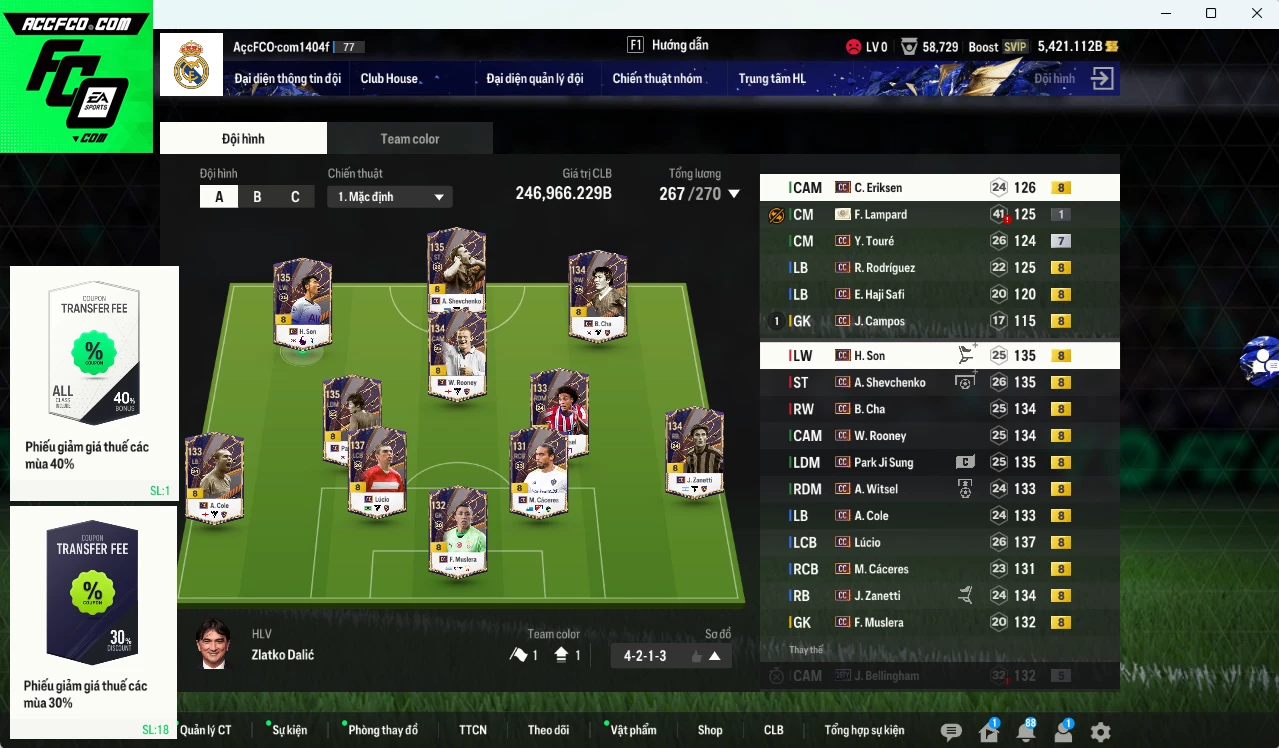 Full mùa CC+8 246.960b có Lúcio, Sheva, Rooney, H. Son, Park, B. Cha, Zanetti, Eriksen, A. Cole, Witsel, Cáceres, Rodríguez, Yaya Touré dư 5400b